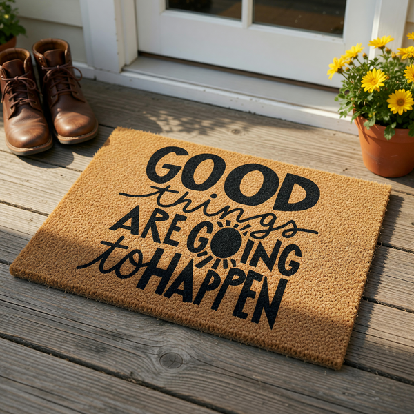 Good Things Are Going To Happen coir doormat featuring a natural tan fiber texture and bold black typography with a sun icon, creating a cheerful and welcoming entrance decor piece for your front porch or home entryway.