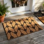 Modern Geometric Pattern Coir Doormat featuring a bold black chevron and diamond design printed on a natural tan fiber background, creating a stylish and durable entryway floor mat for your home front porch or indoor mudroom