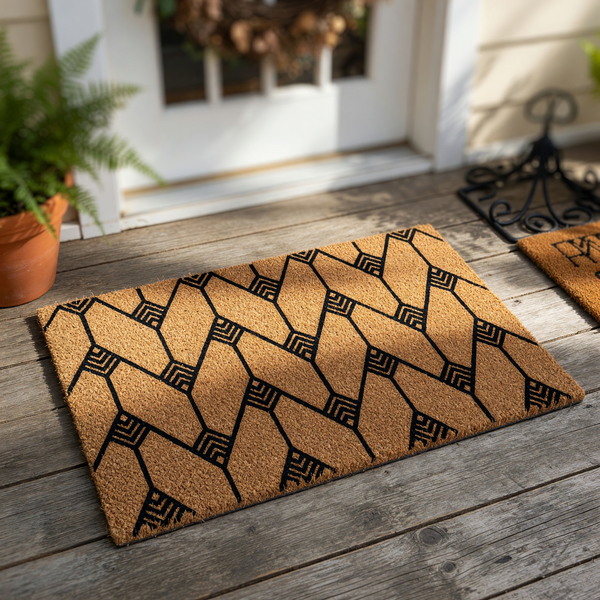 Modern Geometric Pattern Coir Doormat featuring a bold black chevron and diamond design printed on a natural tan fiber background, creating a stylish and durable entryway floor mat for your home front porch or indoor mudroom