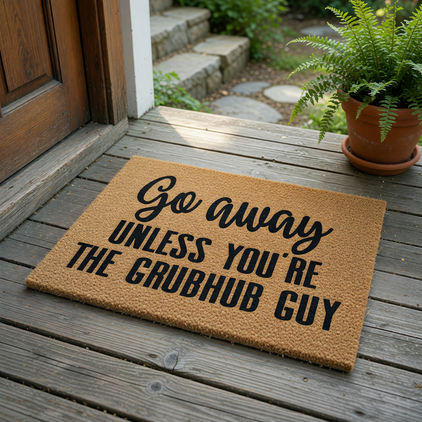 Funny Go Away Unless You Are The Grubhub Guy doormat featuring bold black typography printed on a natural tan coir fiber mat, creating a humorous and welcoming entrance decor piece for your front porch or home entryway.
