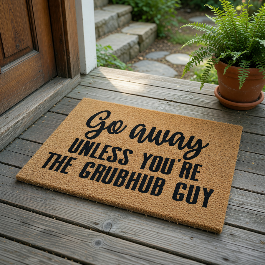 Funny Go Away Unless You Are The Grubhub Guy doormat featuring bold black typography printed on a natural tan coir fiber mat, creating a humorous and welcoming entrance decor piece for your front porch or home entryway.