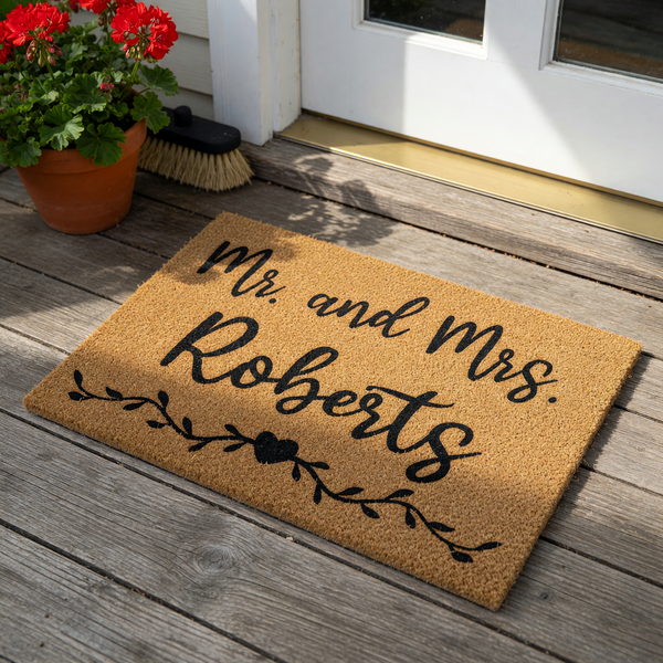 Personalized Mr. and Mrs. coir doormat featuring elegant black script lettering and a decorative vine with a central heart icon, set against a clean white background to showcase the natural texture of the durable outdoor welcome