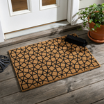 Geometric Pattern Coir Doormat featuring a bold black interlocking lattice design printed on a natural tan coconut fiber surface, providing a modern and durable entryway accent for your home porch or front door decor.