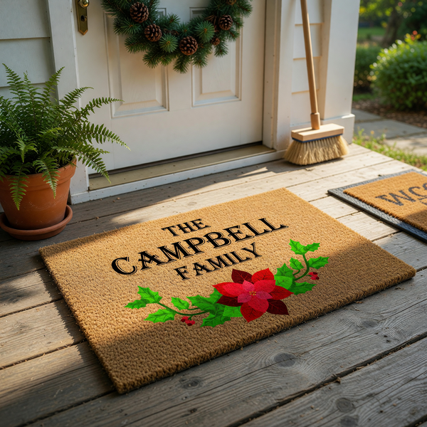 Personalized Christmas family name doormat featuring a natural coir texture with black serif text and a vibrant illustration of green holly leaves, red berries, and a large red poinsettia flower centered at the bottom of the mat.