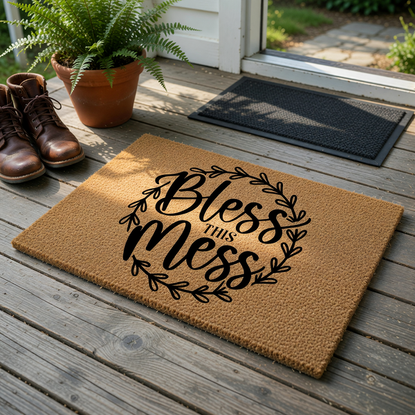 Bless This Mess coir doormat featuring a natural brown fiber texture and a black printed design of a leafy circular wreath surrounding the humorous phrase, making it a charming and functional addition to any front porch or