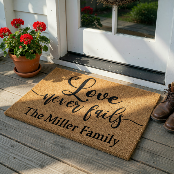 Personalized Love Never Fails Coir Doormat featuring elegant black script lettering on a natural tan fiber background, customized with a family name to create a welcoming entrance for any home or housewarming celebration.