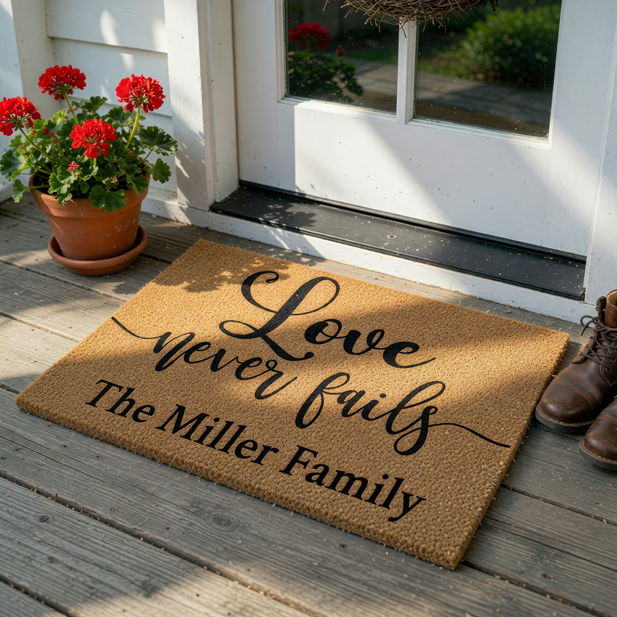 Personalized Love Never Fails Coir Doormat featuring elegant black script lettering on a natural tan fiber background, customized with a family name to create a welcoming entrance for any home or housewarming celebration.