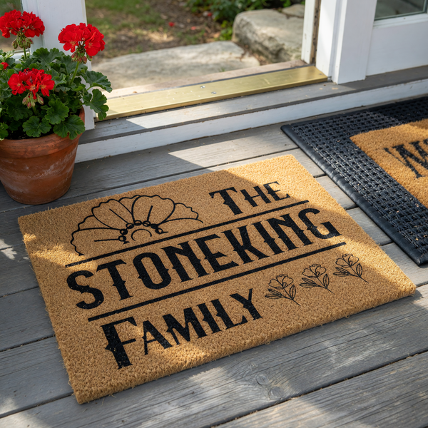 Personalized family name coir doormat featuring a decorative floral line art design and bold black lettering on a natural tan fiber background, creating a welcoming entryway accent for any home or apartment front porch decor.