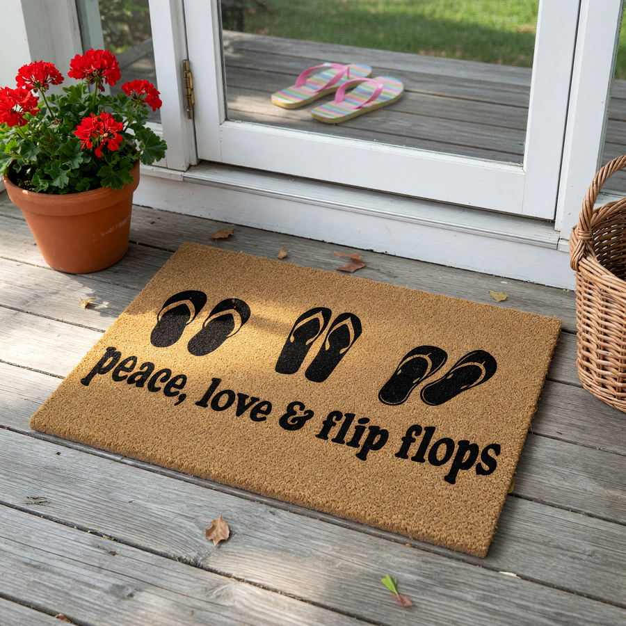 Peace Love and Flip Flops coir doormat featuring a natural brown fiber texture with black printed graphics of three pairs of flip flops and the text peace, love and flip flops centered on a clean white studio background.