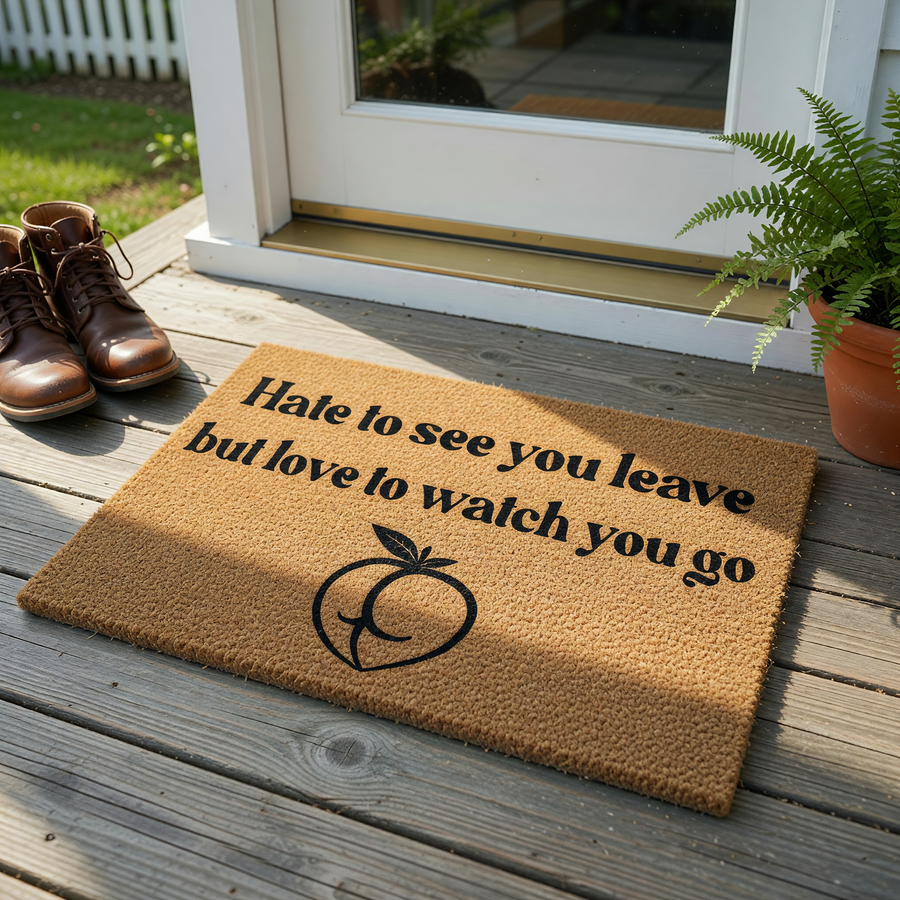 Funny doormat with the text Hate to see you leave but love to watch you go printed in black ink above a stylized peach icon, featuring a natural coir fiber texture on a plain white background for a humorous front porch entryway