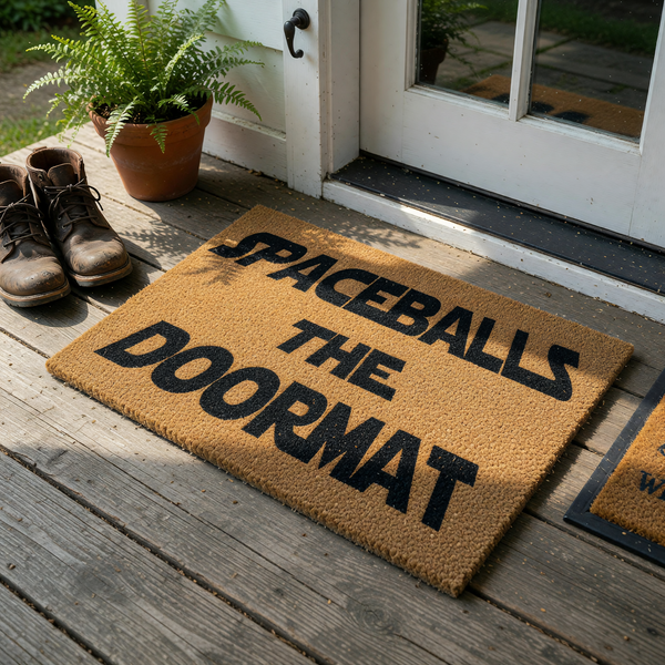 Spaceballs The Doormat novelty coir welcome mat featuring bold black text inspired by the classic sci-fi movie logo, set against a natural brown textured fiber background for a fun and geeky entrance to any home or apartment.
