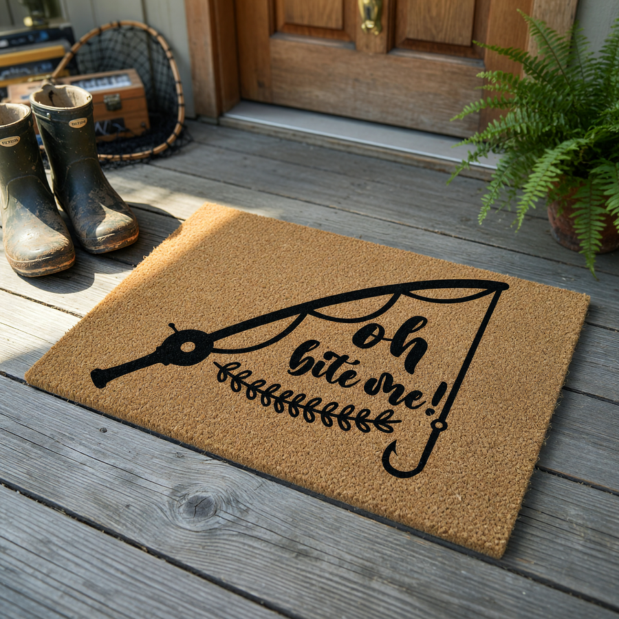 Fishing themed coir doormat featuring a black graphic of a fishing rod and line with the humorous text Oh bite me printed in a stylish script font, set against a natural tan textured fiber background for a rustic outdoor entryway.
