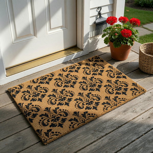 Damask pattern coir doormat featuring a repeating black ornate floral design printed on a natural brown coconut fiber background, providing a sophisticated and durable entryway accent for your home porch or front door decor.