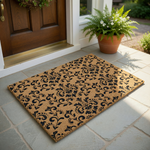 Damask Pattern Coir Doormat featuring a classic black floral scroll design printed on a natural brown coconut fiber background, providing a sophisticated and durable entryway accent for your home porch or front door decor.