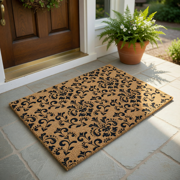 Damask Pattern Coir Doormat featuring a classic black floral scroll design printed on a natural brown coconut fiber background, providing a sophisticated and durable entryway accent for your home porch or front door decor.