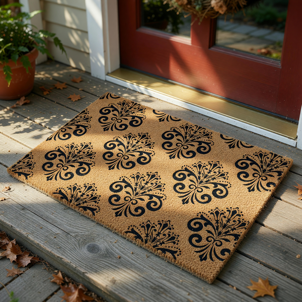 Damask Pattern Coir Doormat featuring a natural tan fiber texture with a repeating black ornate floral design, providing a sophisticated and elegant look for a front porch entryway or home decor setting on a clean white