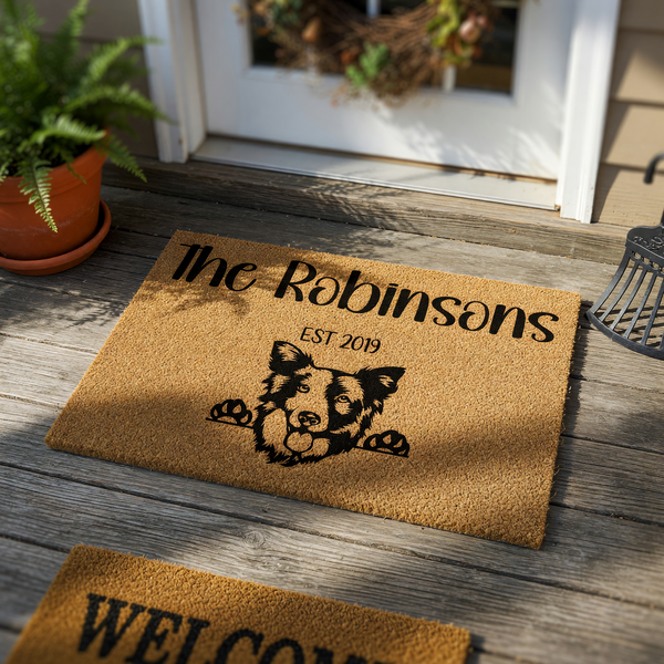 Personalized Border Collie doormat featuring a cute dog peeking over the edge with its paws, printed on a natural coir fiber mat with a family name and established year for a welcoming home entrance decor piece that pet lovers