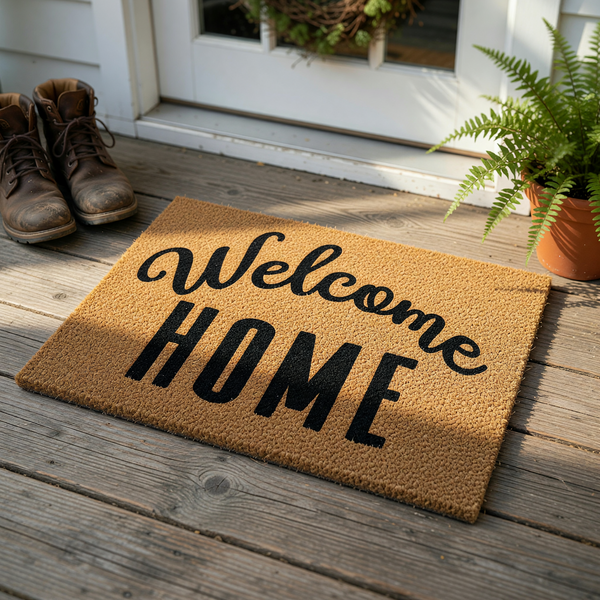 Welcome Home coir doormat featuring a natural tan fiber texture with bold black lettering, displaying a script font for the word Welcome and a clean sans-serif typeface for the word HOME against a plain white studio background.