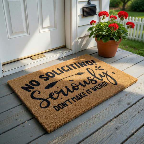 No Soliciting Funny Doormat featuring a natural coir texture with bold black text that reads No Soliciting Seriously, Don't Make It Weird, accented by a decorative arrow graphic on a clean white background for a modern front