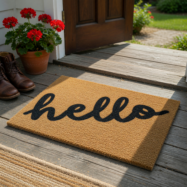 Hello coir doormat featuring a natural tan fiber texture and bold black cursive lettering, providing a welcoming touch to any front porch or entryway while keeping your home clean with its durable and rustic outdoor design.