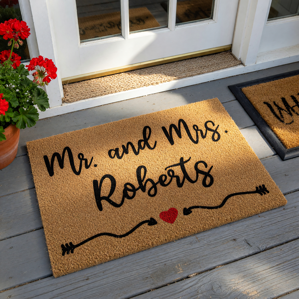 Personalized Mr. and Mrs. coir doormat featuring a natural tan fiber texture with black script lettering and a small red heart accent, providing a welcoming touch for a newlywed couple's front porch entrance on a clean white