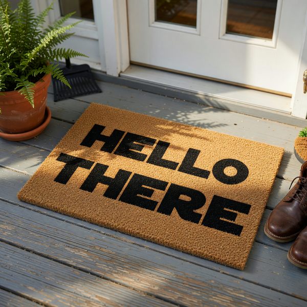 Hello There natural coir doormat featuring bold black lettering on a textured brown coconut fiber background, providing a welcoming and modern aesthetic for your front porch or entryway decor in a clean studio product shot.