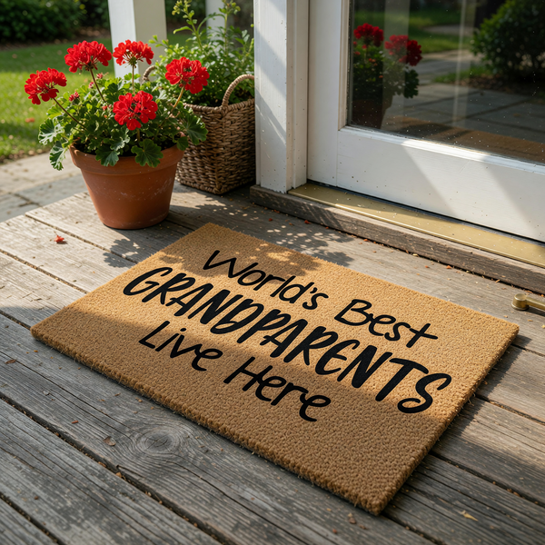 World's Best Grandparents Live Here coir doormat featuring a natural brown fiber texture and bold black lettering, centered on a plain white background to showcase the durable outdoor welcome mat design for a family home entrance.