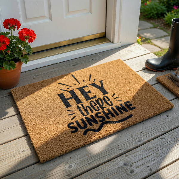 Hey There Sunshine coir doormat featuring a natural brown fiber texture and bold black typography with sunburst accents, creating a cheerful and welcoming entrance decor piece for your front porch or home entryway.