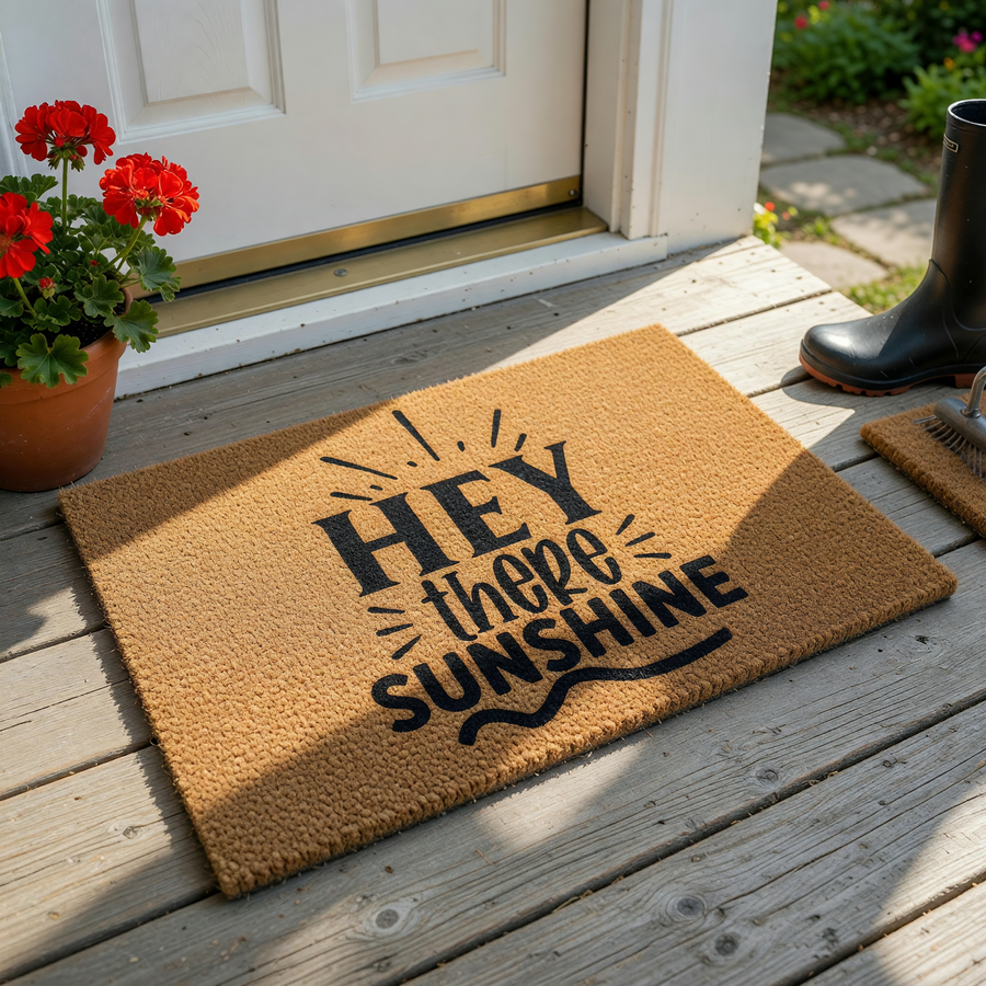 Hey There Sunshine coir doormat featuring a natural brown fiber texture and bold black typography with sunburst accents, creating a cheerful and welcoming entrance decor piece for your front porch or home entryway.