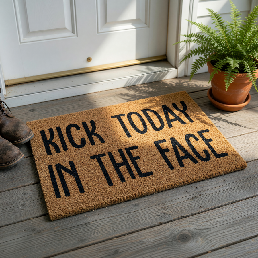 Kick Today In The Face coir doormat featuring bold black typography on a natural brown coconut fiber background, providing a motivational and humorous welcome for your front porch entrance or home entryway decor.