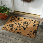 Floral Damask Coir Doormat featuring a natural tan fiber texture with a bold black printed pattern of elegant swirling vines and blooming flowers, providing a sophisticated and durable entryway accent for your home front porch
