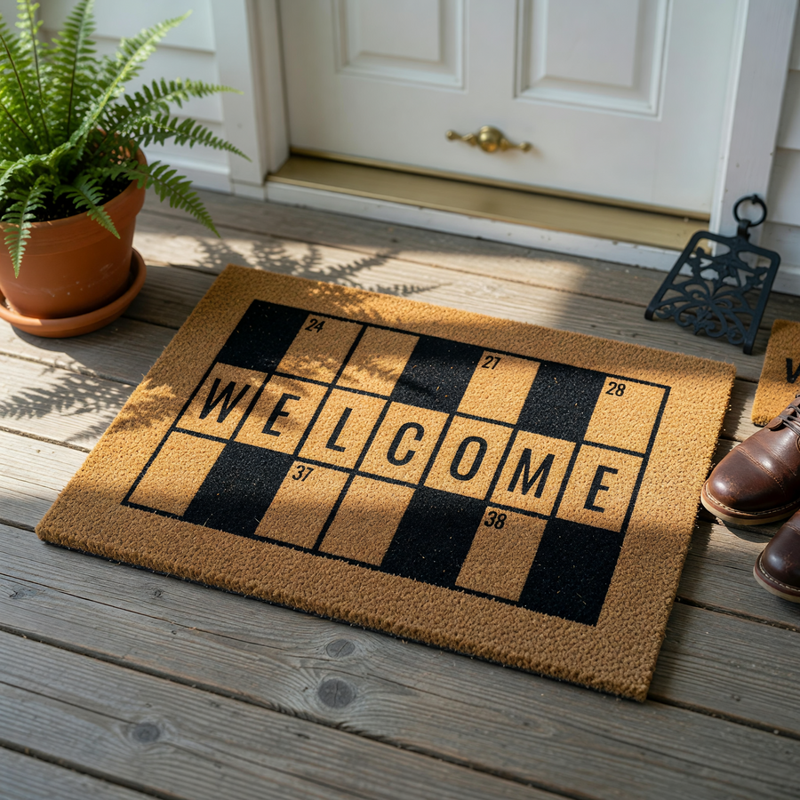 Scrabble Inspired Welcome Doormat featuring a tan coir texture with a black grid design that spells out the word welcome in classic board game letter tiles, creating a fun and unique entryway decor piece for any home or apartment.