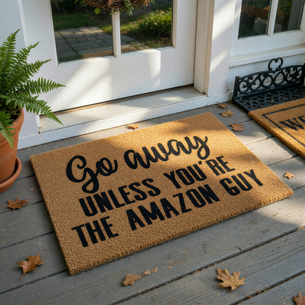 Funny Amazon Guy Doormat made of natural coir fiber with a rectangular shape, featuring the bold black text Go away unless you are the Amazon guy printed on the front for a humorous welcome to your front porch or entryway decor.