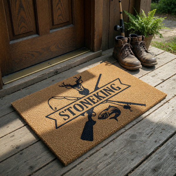 Personalized outdoor coir doormat featuring a rustic hunting and fishing theme with a deer head, rifle, and fishing rod graphic, centered with a banner for a family name on a natural tan textured fiber background for a cabin