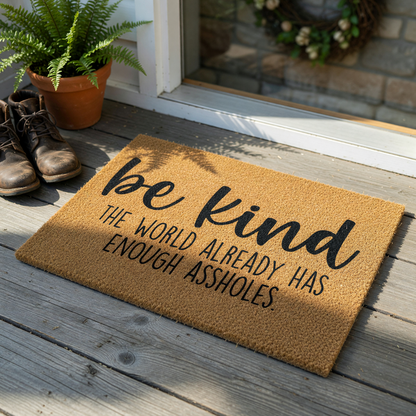 Funny Be Kind Doormat made of natural coir fiber, featuring bold black typography that reads be kind the world already has enough assholes, displayed against a clean white background for a modern home entryway decor aesthetic.