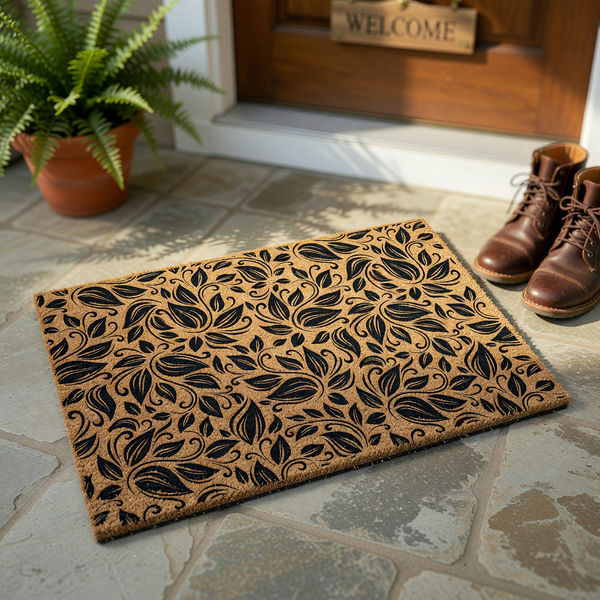 Floral Pattern Coir Doormat featuring a dense, repeating black botanical leaf design printed on a natural tan coconut fiber background, creating a stylish and durable entryway accent for a modern home porch or front door area.