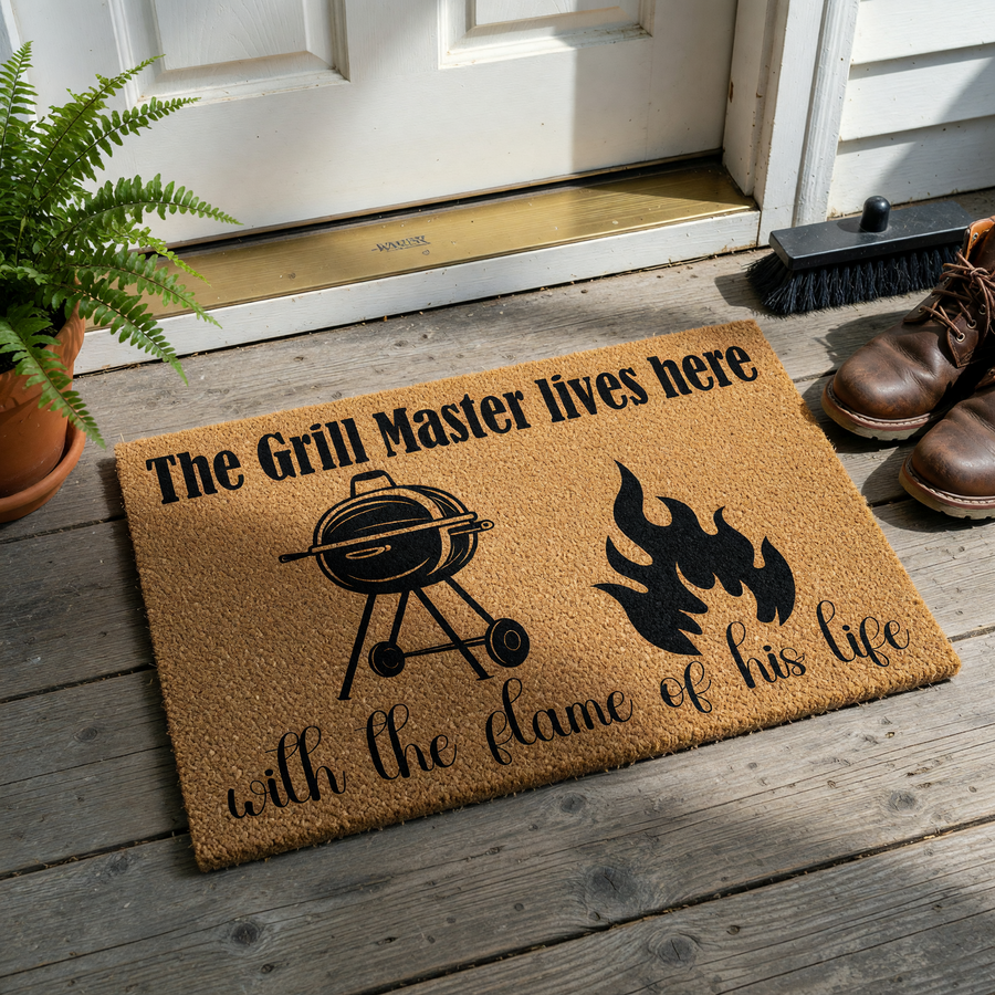 Grill Master coir doormat featuring a black graphic of a charcoal barbecue grill and a flame, with the text The Grill Master lives here with the flame of his life printed in a mix of bold and script fonts on a natural tan fiber