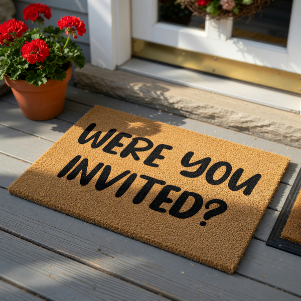 Funny Were You Invited doormat featuring bold black text printed on a natural tan coir fiber mat, providing a humorous and welcoming touch to your front porch decor while keeping your entryway clean with its durable, textured