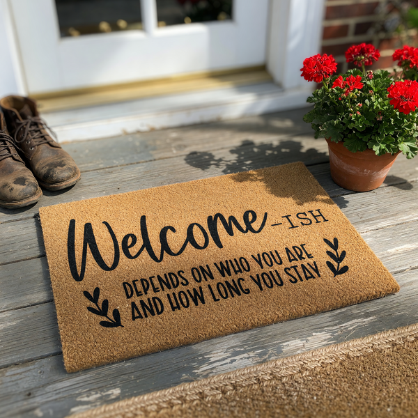 Funny Welcome-ish coir doormat featuring black text that reads Depends on who you are and how long you stay, set against a natural tan fiber background with decorative leaf accents for a humorous front porch entryway decor.