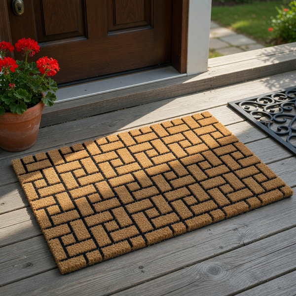 Geometric Pattern Coir Doormat featuring a natural tan fiber texture with a bold black grid design, providing a durable and stylish entryway floor covering that adds a modern touch to any front porch or home entrance decor.