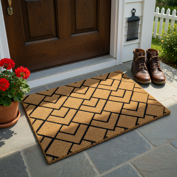 Geometric Pattern Coir Doormat featuring a modern black chevron and diamond design printed on a natural brown coconut fiber surface, providing a stylish and durable entryway floor covering for your home front porch or indoor