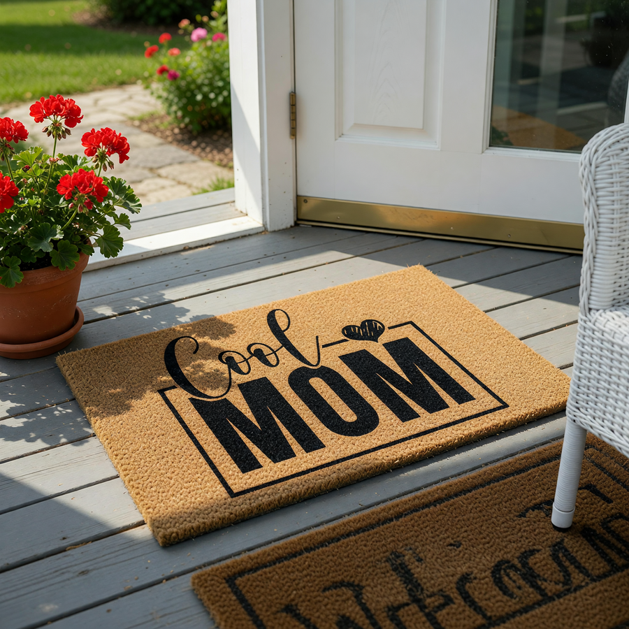 Cool Mom natural coir doormat featuring a bold black design with the text Cool Mom and a small heart icon, set against a plain white background to highlight the textured brown fiber material of this front porch welcome mat.
