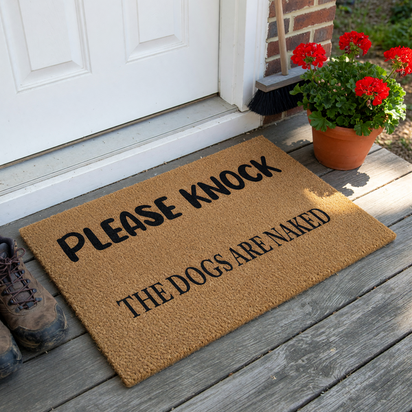 Funny Please Knock The Dogs Are Naked coir doormat featuring bold black text printed on a natural brown coconut fiber mat, providing a humorous and welcoming touch to your front porch entryway for any dog lover or pet owner home.