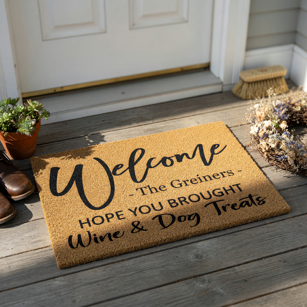 Personalized coir doormat featuring the text Welcome The Greiners Hope You Brought Wine and Dog Treats in a mix of elegant script and bold block lettering, set against a natural brown textured fiber background for a fun home