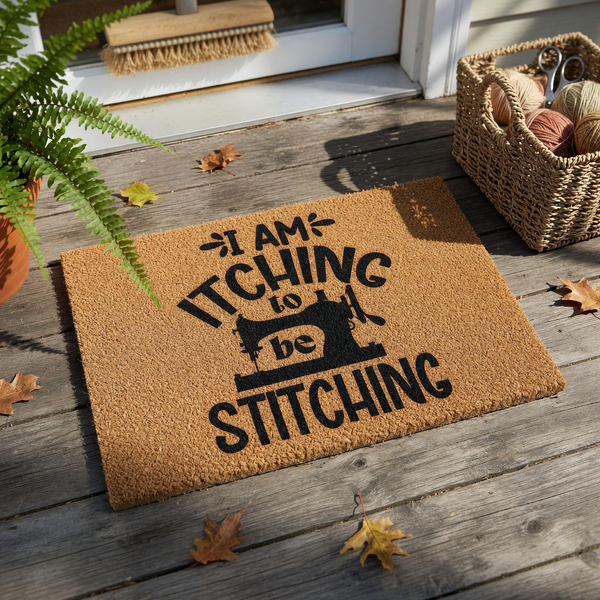 Sewing enthusiast coir doormat featuring a vintage sewing machine silhouette and the humorous text I am itching to be stitching, set against a natural tan textured fiber background for a fun craft room or entryway decor accent