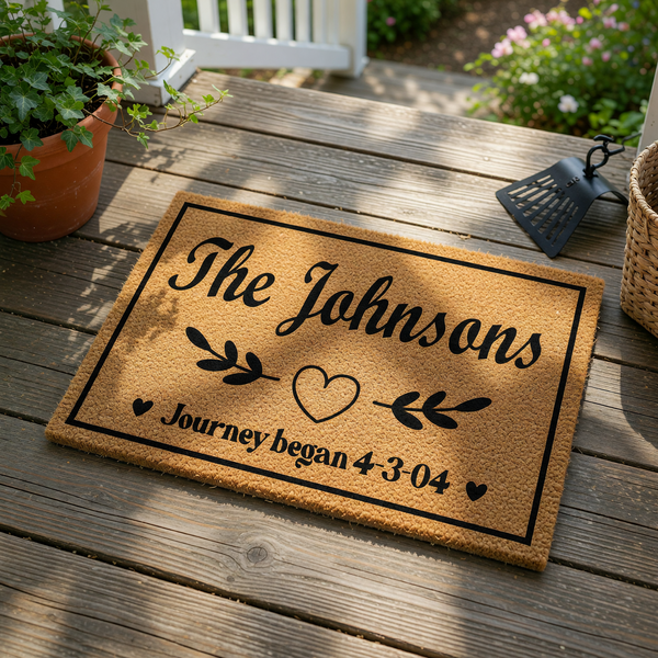 Personalized family name coir doormat featuring a rustic brown texture with black script text that reads The Johnsons and Journey began, accented by a central heart and leaf design on a clean white background for a custom home