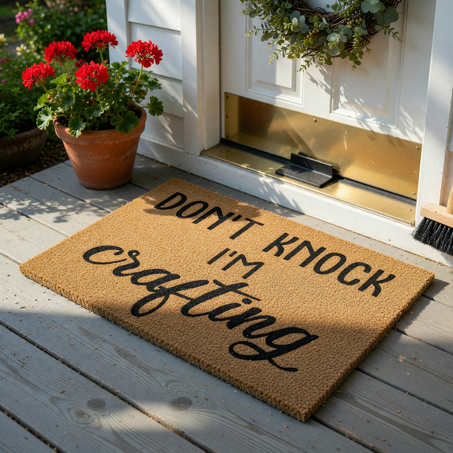 Funny Crafting Doormat featuring a natural coir texture with bold black text that reads Don't Knock I'm Crafting, making it a humorous and functional welcome mat for any creative person's front porch or home entryway decor.