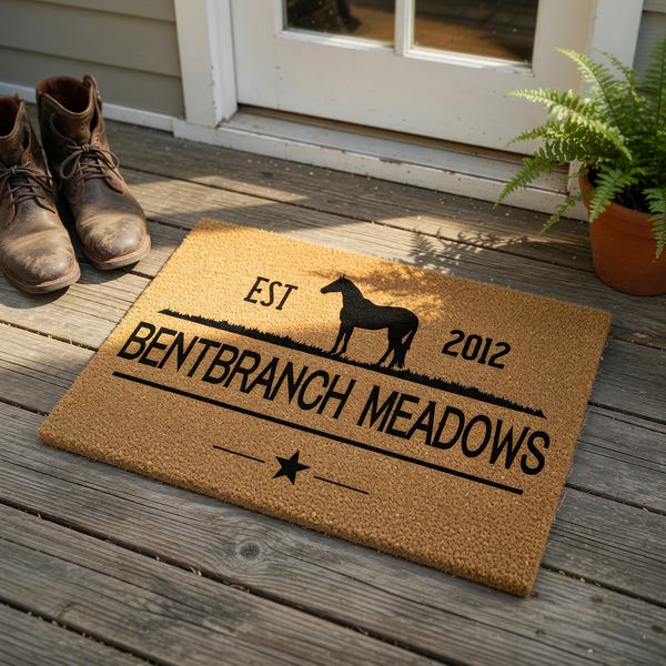 Personalized horse farm doormat featuring a black silhouette of a horse standing in a field, with the text EST 2012 and a star accent on a natural tan coir fiber background, creating a rustic outdoor entrance decor for a ranch or