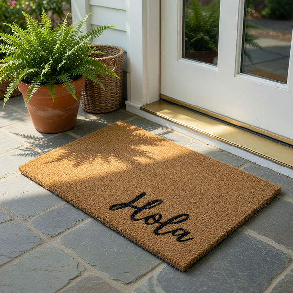 Hola Coir Doormat featuring a natural brown coconut fiber texture with the word Hola written in a stylish black script font, providing a welcoming and rustic aesthetic for your front porch entryway on a clean white background.