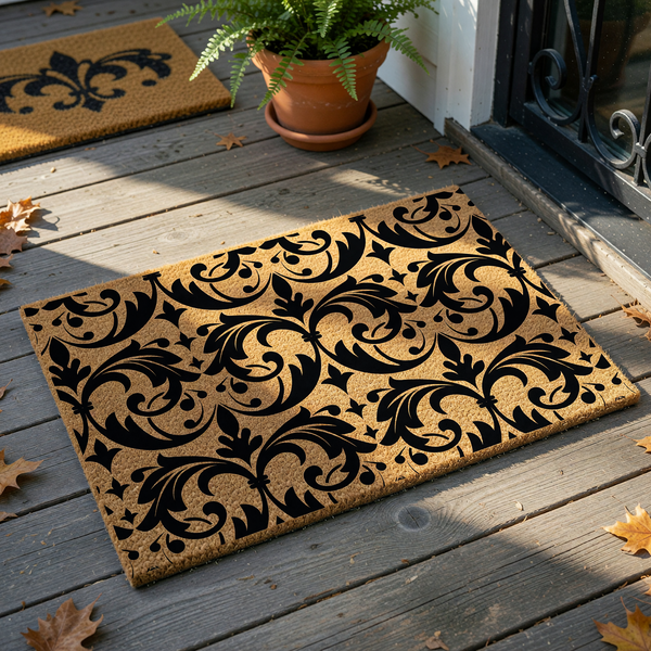 Damask pattern coir doormat featuring a bold black scrollwork design printed on a natural tan coconut fiber background, providing a classic and elegant entryway accent for any home porch or front door area against a plain white